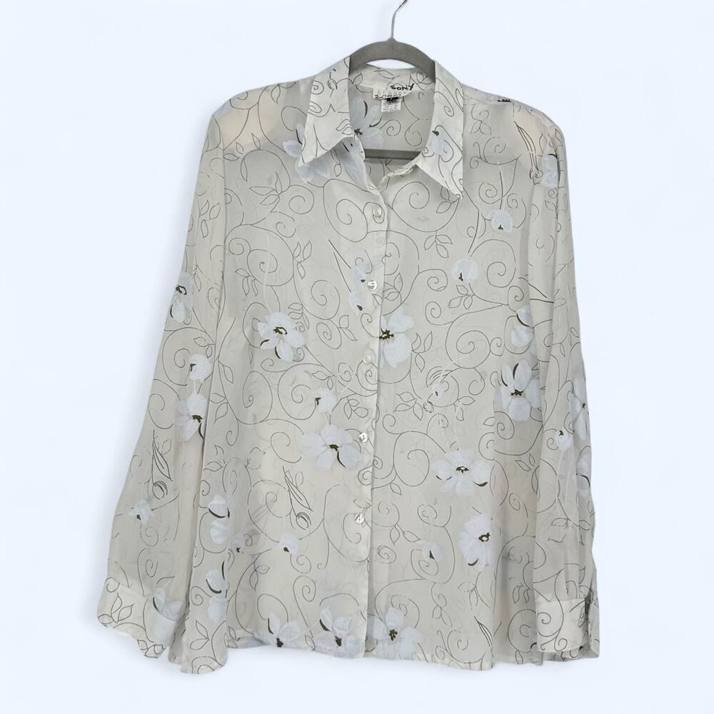 Vintage 2003 Klassy Cream Swirl Floral Blouse Size L